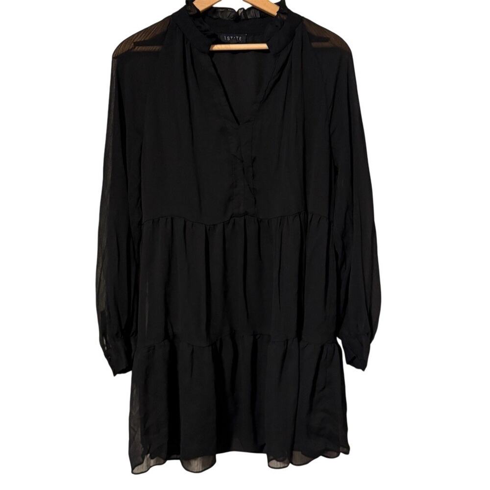 1.STATE Dress Womens Size L Black Tiered Babydoll Mini Long Sleeve V-Neck